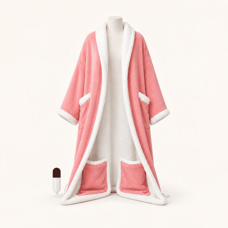 Denvale heated robe in Pink, laid flat with the detachable controller