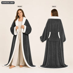 Denvale heated robe in Charcoal, front and back