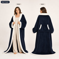 Denvale heated robe in Navy, front and back