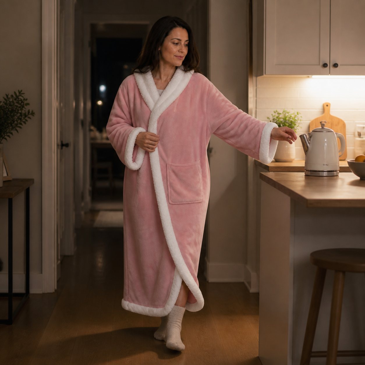 Person wearing a heated robe walking through a warmly lit kitchen at night